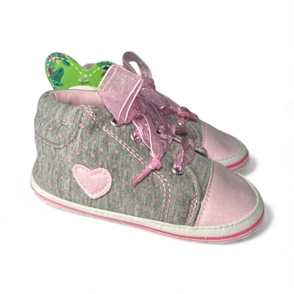 NWT Baby Soft Sole Crib Sneakers Pink Gray Heart Polka Dot EU 19 Toddler